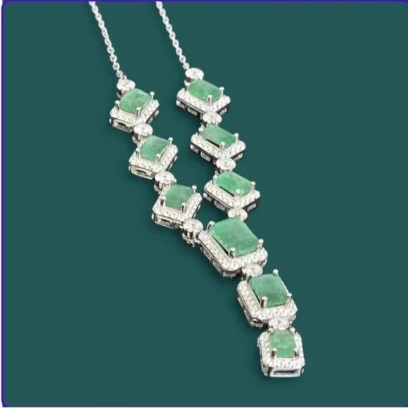 925 Sterling Silver Necklace 18 with Natural Emerald Gem & Cz